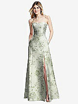 Front View Thumbnail - Sage Cottage Rose Strapless A-line Floral Satin Gown with Modern Bow Detail