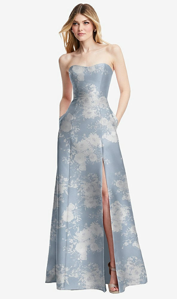 Front View - Porcelain Blue Seraphina Floral Strapless A-line Floral Satin Gown with Modern Bow Detail