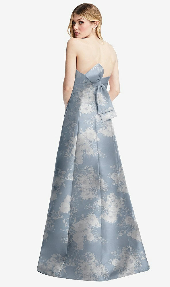 Back View - Porcelain Blue Seraphina Floral Strapless A-line Floral Satin Gown with Modern Bow Detail