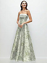 Alt View 2 Thumbnail - Sage Cottage Rose Strapless Bias Cuff Bodice Floral Satin Gown with Pockets