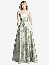 Front View Thumbnail - Sage Cottage Rose Strapless Bias Cuff Bodice Floral Satin Gown with Pockets