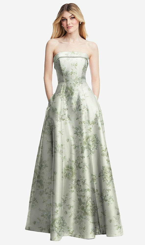 Front View - Sage Cottage Rose Strapless Bias Cuff Bodice Floral Satin Gown with Pockets