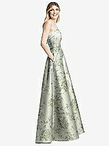 Side View Thumbnail - Sage Cottage Rose Strapless Bias Cuff Bodice Floral Satin Gown with Pockets