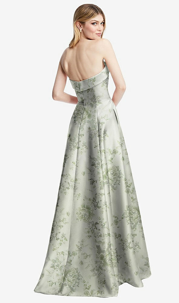 Back View - Sage Cottage Rose Strapless Bias Cuff Bodice Floral Satin Gown with Pockets