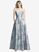 Front View Thumbnail - Porcelain Blue Seraphina Floral Strapless Bias Cuff Bodice Floral Satin Gown with Pockets