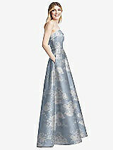 Side View Thumbnail - Porcelain Blue Seraphina Floral Strapless Bias Cuff Bodice Floral Satin Gown with Pockets