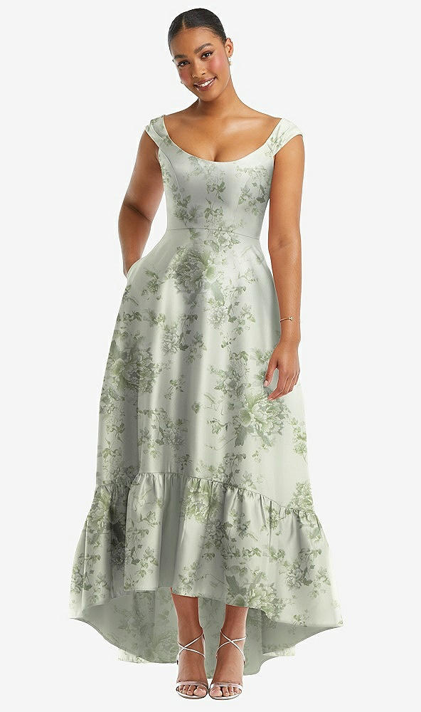 Front View - Sage Cottage Rose Cap Sleeve Deep Ruffle Hem Floral High Low Dress with Pockets