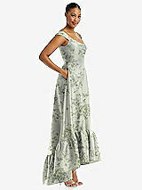 Side View Thumbnail - Sage Cottage Rose Cap Sleeve Deep Ruffle Hem Floral High Low Dress with Pockets