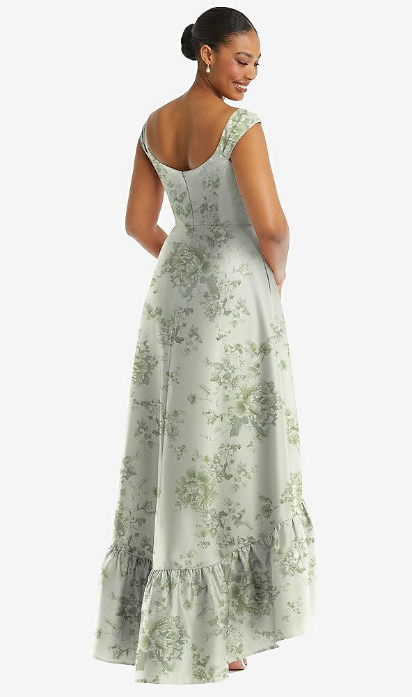 Back View - Sage Cottage Rose Cap Sleeve Deep Ruffle Hem Floral High Low Dress with Pockets