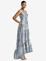 Side View Thumbnail - Porcelain Blue Seraphina Floral Cap Sleeve Deep Ruffle Hem Floral High Low Dress with Pockets