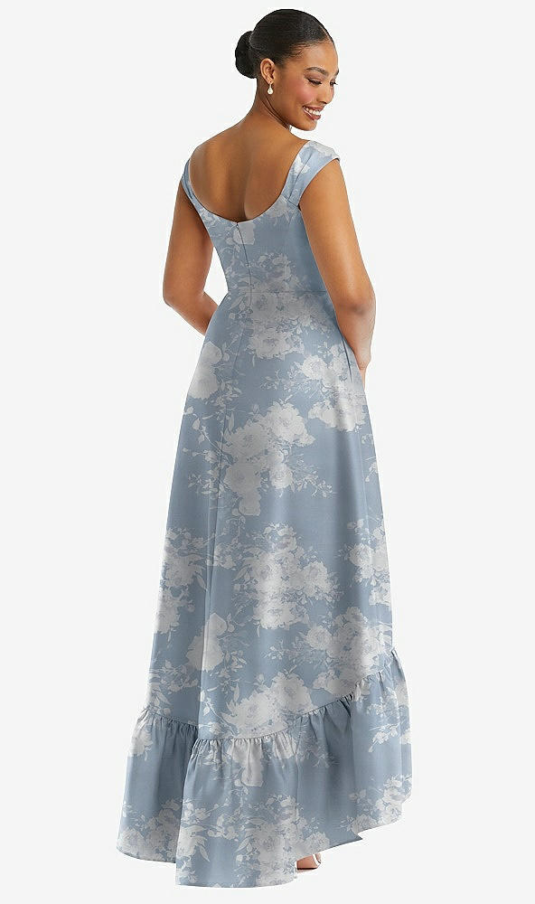 Back View - Porcelain Blue Seraphina Floral Cap Sleeve Deep Ruffle Hem Floral High Low Dress with Pockets