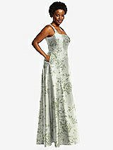 Alt View 2 Thumbnail - Sage Cottage Rose Boned Corset Closed-Back Floral Satin Gown with Full Skirt