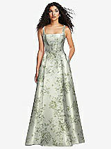 Front View Thumbnail - Sage Cottage Rose Boned Corset Closed-Back Floral Satin Gown with Full Skirt