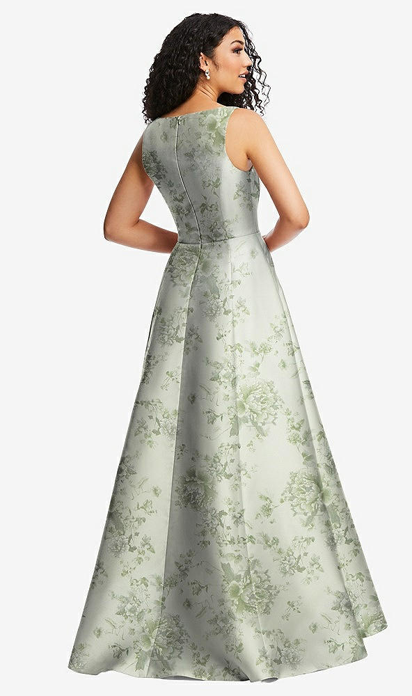 Back View - Sage Cottage Rose Boned Corset Closed-Back Floral Satin Gown with Full Skirt