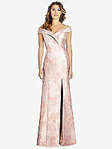 Front View Thumbnail - Bow And Blossom Print Off-the-Shoulder Cuff Floral Trumpet Gown with Front Slit