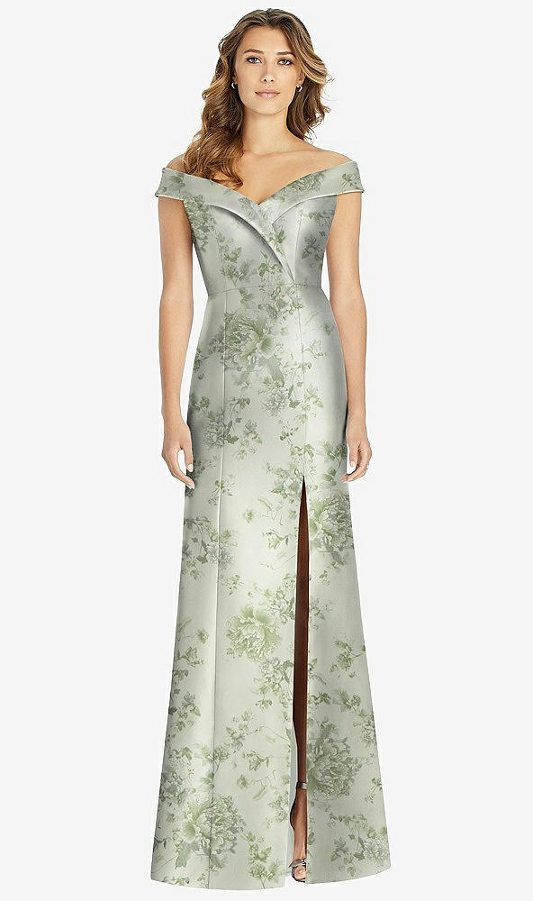 Front View - Sage Cottage Rose Off-the-Shoulder Cuff Floral Trumpet Gown with Front Slit