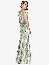 Rear View Thumbnail - Sage Cottage Rose Off-the-Shoulder Cuff Floral Trumpet Gown with Front Slit