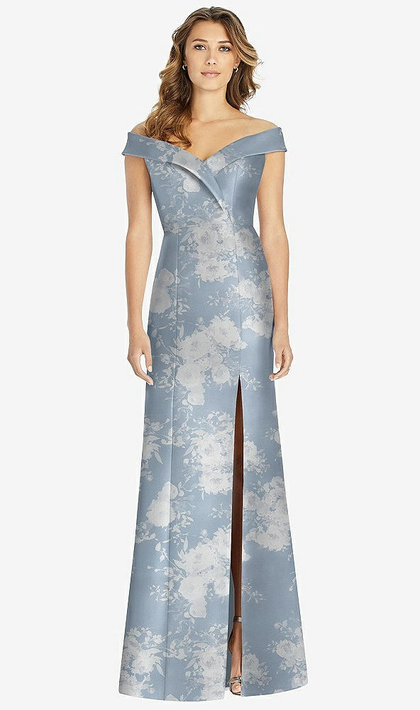 Front View - Porcelain Blue Seraphina Floral Off-the-Shoulder Cuff Floral Trumpet Gown with Front Slit