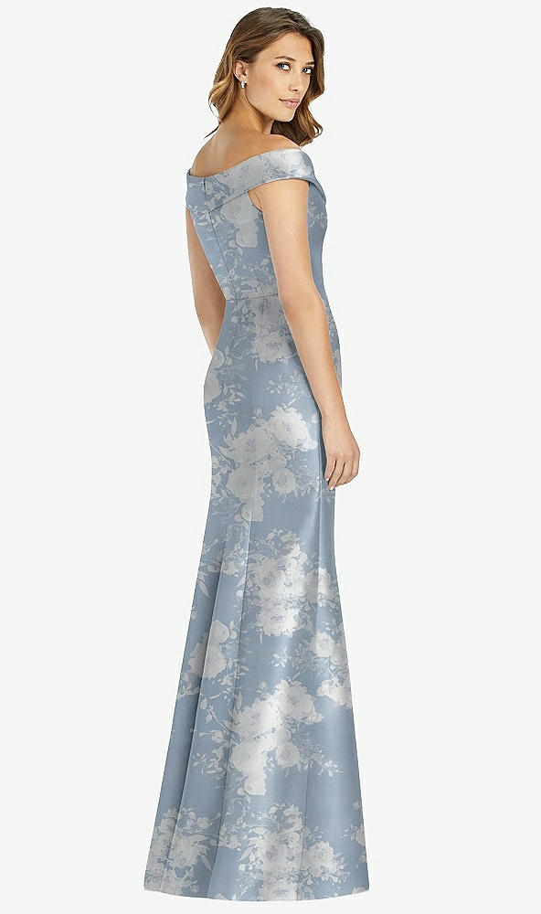 Back View - Porcelain Blue Seraphina Floral Off-the-Shoulder Cuff Floral Trumpet Gown with Front Slit