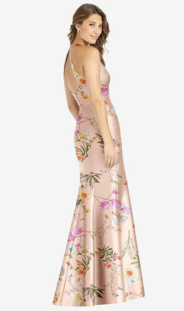 Back View - Butterfly Botanica Pink Sand V-Neck Halter Floral Satin Trumpet Gown with Front Slit