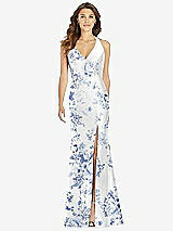 Front View Thumbnail - Cottage Rose Larkspur V-Neck Halter Floral Satin Trumpet Gown with Front Slit