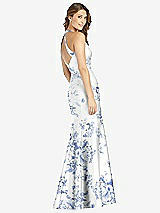 Rear View Thumbnail - Cottage Rose Larkspur V-Neck Halter Floral Satin Trumpet Gown with Front Slit