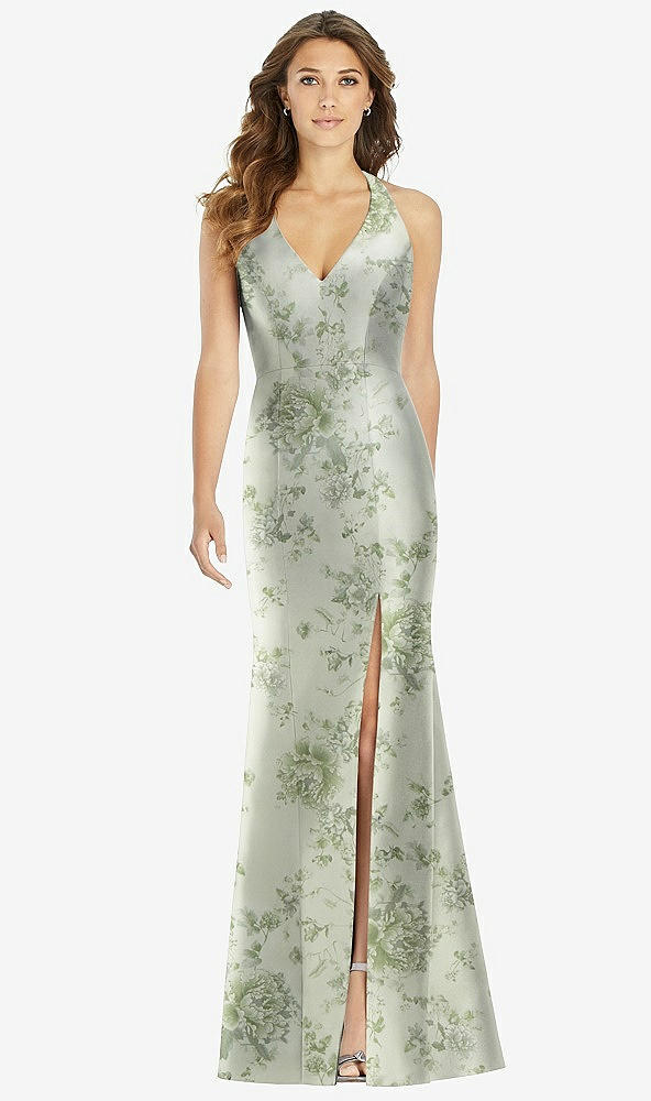 Front View - Sage Cottage Rose V-Neck Halter Floral Satin Trumpet Gown with Front Slit