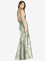 Rear View Thumbnail - Sage Cottage Rose V-Neck Halter Floral Satin Trumpet Gown with Front Slit