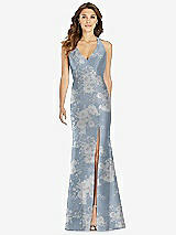 Front View Thumbnail - Porcelain Blue Seraphina Floral V-Neck Halter Floral Satin Trumpet Gown with Front Slit