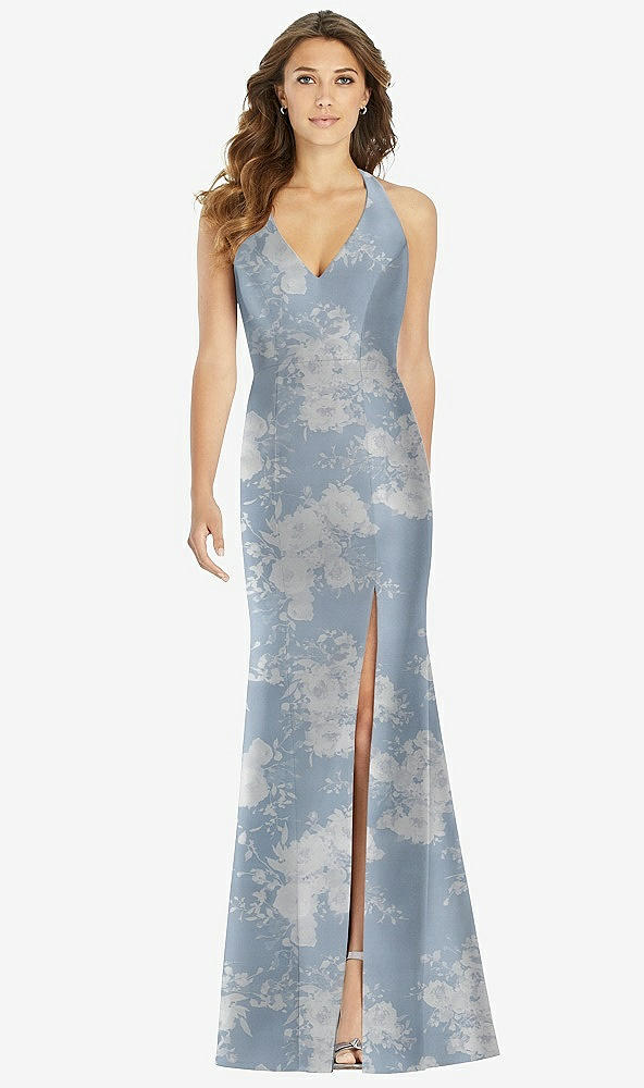 Front View - Porcelain Blue Seraphina Floral V-Neck Halter Floral Satin Trumpet Gown with Front Slit