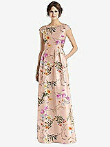 Front View Thumbnail - Butterfly Botanica Pink Sand Cap Sleeve Pleated Skirt Floral Satin Dress with Pockets