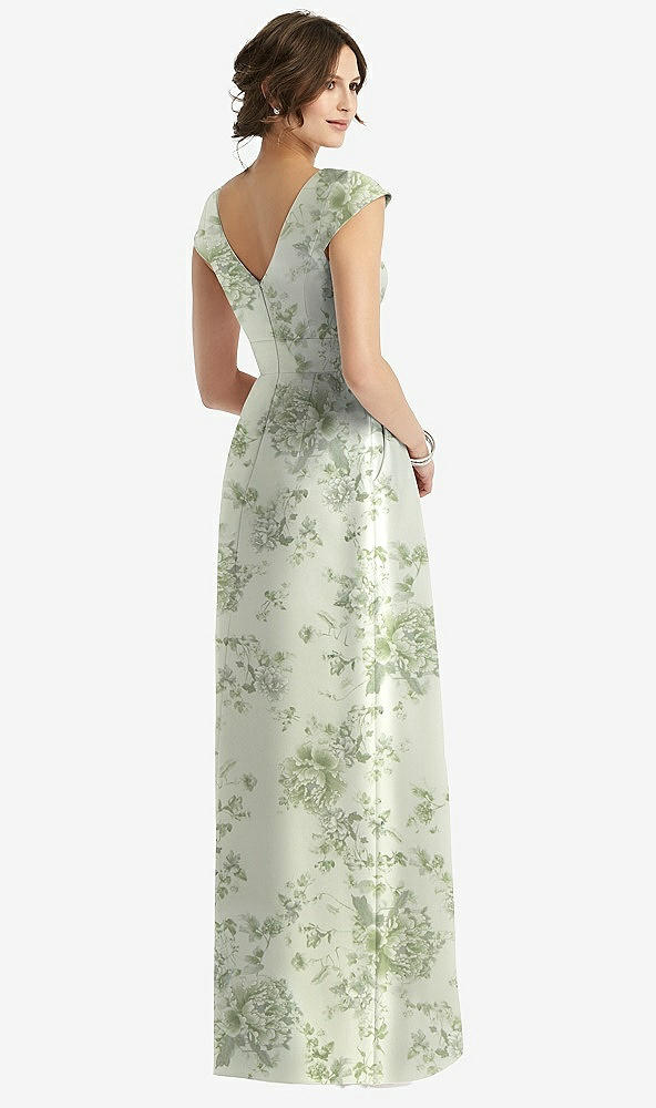 Back View - Sage Cottage Rose Cap Sleeve Pleated Skirt Floral Satin Dress with Pockets