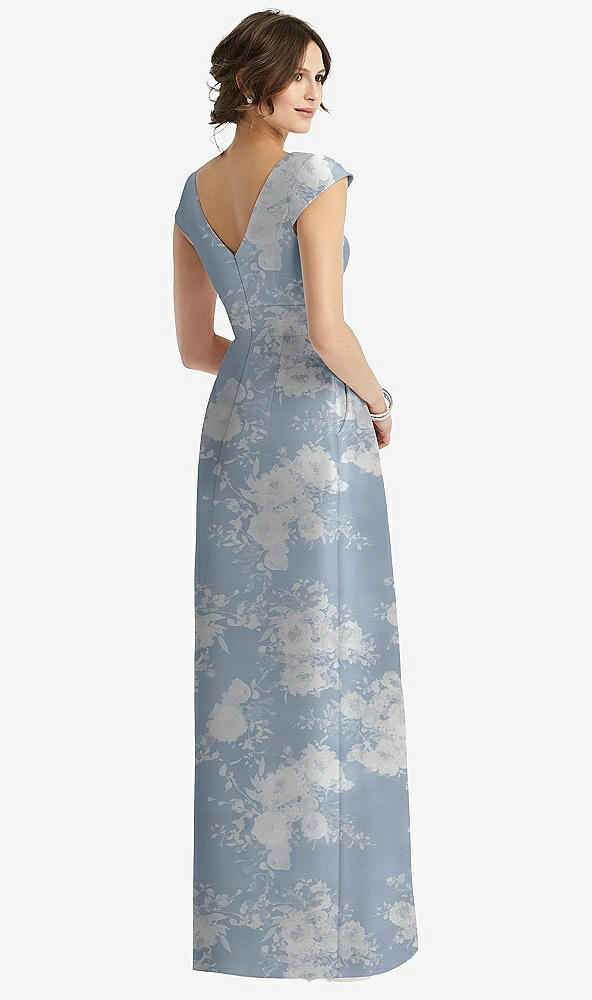 Back View - Porcelain Blue Seraphina Floral Cap Sleeve Pleated Skirt Floral Satin Dress with Pockets