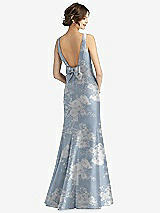 Rear View Thumbnail - Porcelain Blue Seraphina Floral Sleeveless Floral Satin Trumpet Gown with Bow at Open-Back