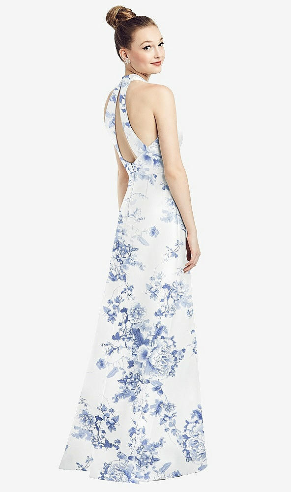 Back View - Cottage Rose Larkspur High-Neck Cutout Floral Satin Dress with Pockets