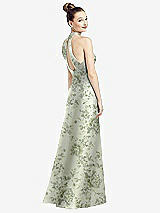 Rear View Thumbnail - Sage Cottage Rose High-Neck Cutout Floral Satin Dress with Pockets