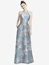 Front View Thumbnail - Porcelain Blue Seraphina Floral High-Neck Cutout Floral Satin Dress with Pockets