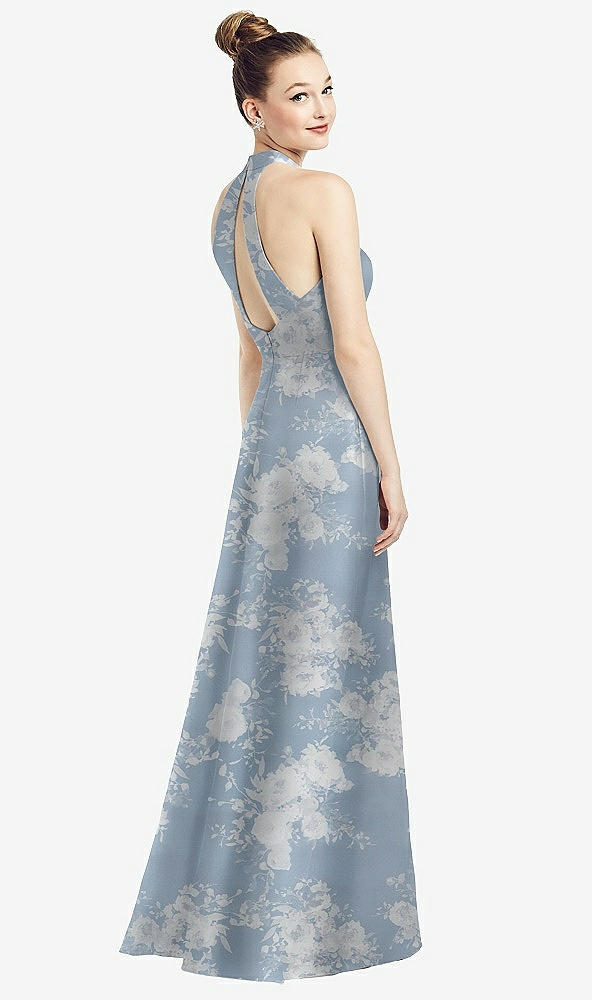 Back View - Porcelain Blue Seraphina Floral High-Neck Cutout Floral Satin Dress with Pockets