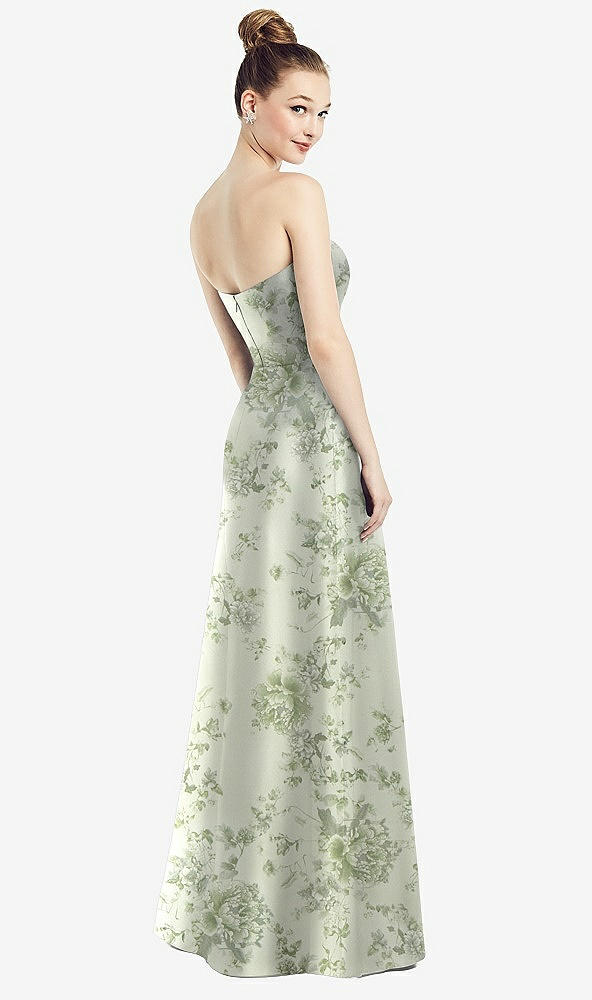 Back View - Sage Cottage Rose Strapless Notch Floral Satin Gown with Pockets