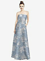 Front View Thumbnail - Porcelain Blue Seraphina Floral Strapless Notch Floral Satin Gown with Pockets