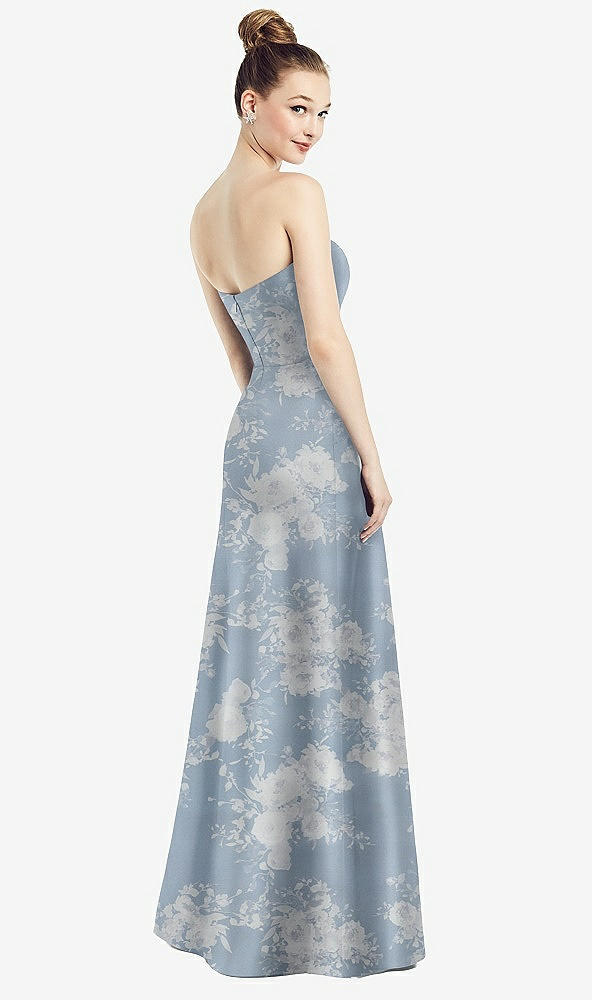 Back View - Porcelain Blue Seraphina Floral Strapless Notch Floral Satin Gown with Pockets