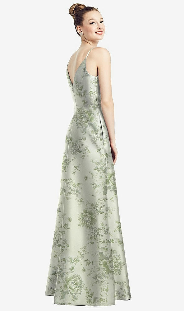 Back View - Sage Cottage Rose Draped Wrap Floral Satin Maxi Dress with Pockets