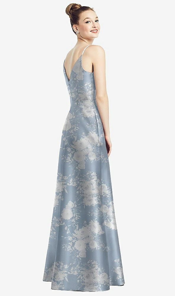 Back View - Porcelain Blue Seraphina Floral Draped Wrap Floral Satin Maxi Dress with Pockets