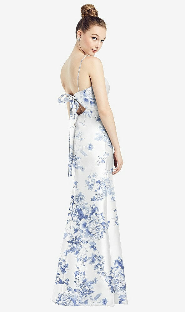 Back View - Cottage Rose Larkspur Open-Back Bow Tie Floral Satin Trumpet Gown