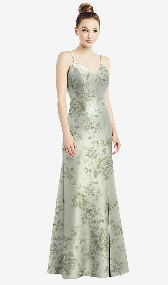 Front View - Sage Cottage Rose Open-Back Bow Tie Floral Satin Trumpet Gown