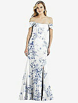 Front View Thumbnail - Cottage Rose Larkspur Off-the-Shoulder Bow-Back Floral Satin Trumpet Gown