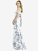 Side View Thumbnail - Cottage Rose Larkspur Off-the-Shoulder Bow-Back Floral Satin Trumpet Gown