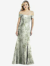 Front View Thumbnail - Sage Cottage Rose Off-the-Shoulder Bow-Back Floral Satin Trumpet Gown