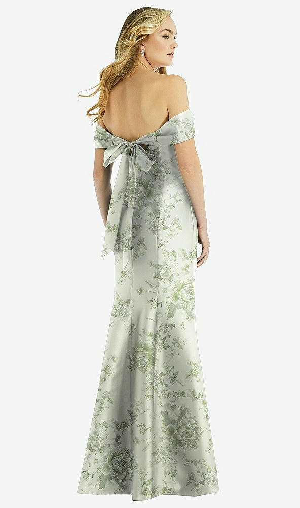 Back View - Sage Cottage Rose Off-the-Shoulder Bow-Back Floral Satin Trumpet Gown