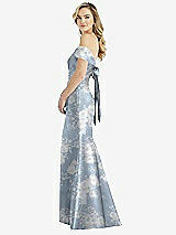 Side View Thumbnail - Porcelain Blue Seraphina Floral Off-the-Shoulder Bow-Back Floral Satin Trumpet Gown